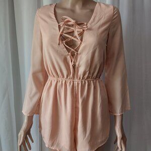 Yoins peach shorts romper with lace up front size 2